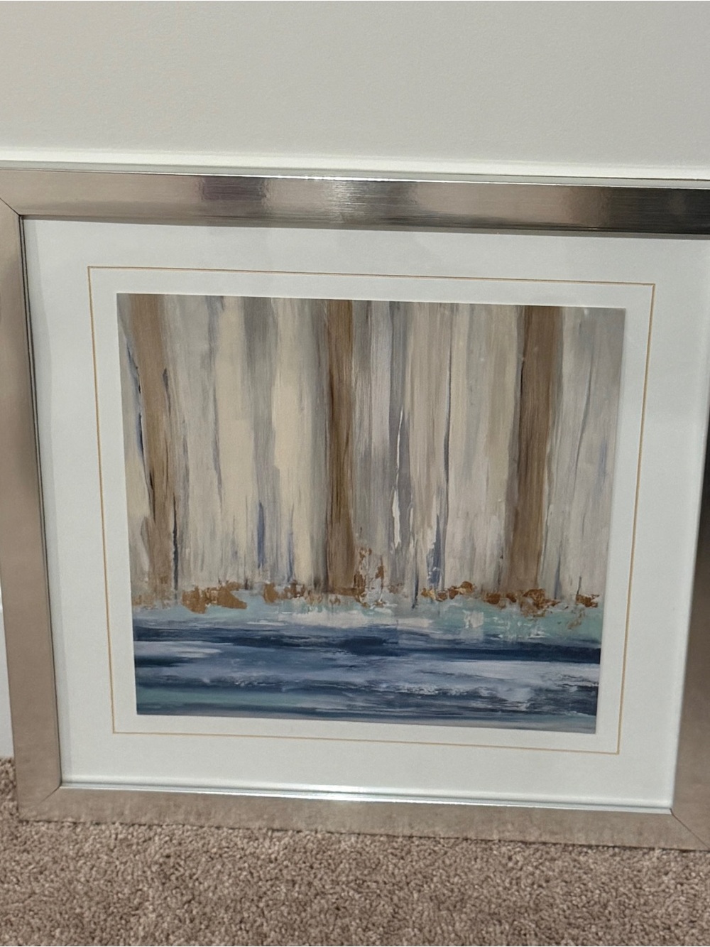 Framed Abstract Coastal Wall Art in Blue, Cream, and Gold 17.5” Square